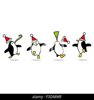 Four Happy Penguins wearing Santa Hats Dancing at fun Party Stock Photo