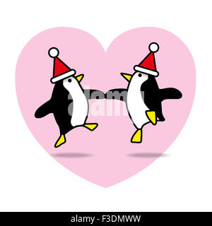 Two Happy Santa Penguins Dancing with Pink Heart on White Background Stock Photo