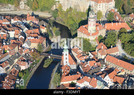 AERIAL VIEW. Medieval castle overlooking the old town and the Vltava River. Ceský Krumlov, Bohemia, Czech Republic. Stock Photo