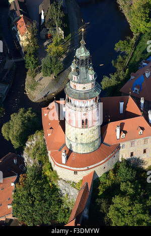 AERIAL VIEW. Castle Tower overlooking the Vltava River. Ceský Krumlov, Bohemia, Czech Republic. Stock Photo