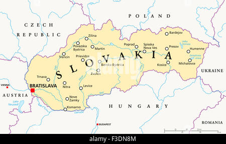 Slovakia political map with capital Bratislava, national borders, important cities, rivers and lakes. English labeling / scaling Stock Photo
