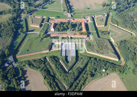 AERIAL VIEW. Military fortress from the late 18th Century, and a concentration camp during WWII. Terezín (Theresienstadt in German), Czech Republic. Stock Photo
