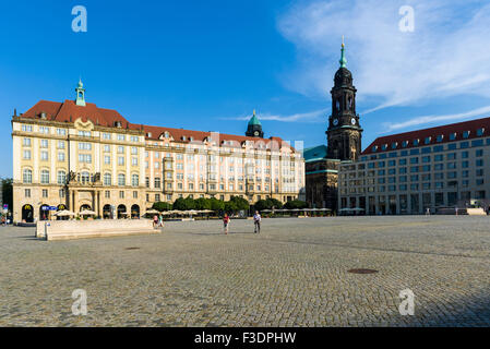 Altmarkt or old market square with Haus Altmarkt and Kreuzkirche church in historic centre, Dresden, Saxony, Germany Stock Photo