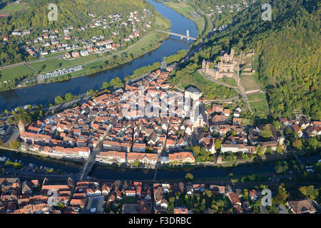 AERIAL VIEW. Medieval town at the confluence of the Main (on the left) and Tauber Rivers. Wertheim am Main, Baden-Württemberg, Germany. Stock Photo