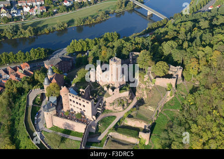 AERIAL VIEW. Wertheim Castle overlooking the River Main. Wertheim am Main, Baden-Württemberg, Germany. Stock Photo