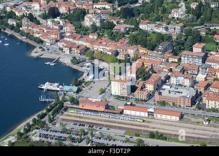 AERIAL VIEW. Train terminal and ferry for the east-west crossing of Lake Maggiore. Laveno, Laveno-Mombello, Province of Varèse, Lombardy, Italy. Stock Photo