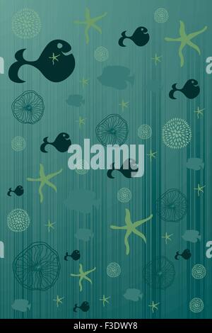 Awesome  pattern with stylish whales in green colors. Sweet underwater concept background in vector Stock Vector