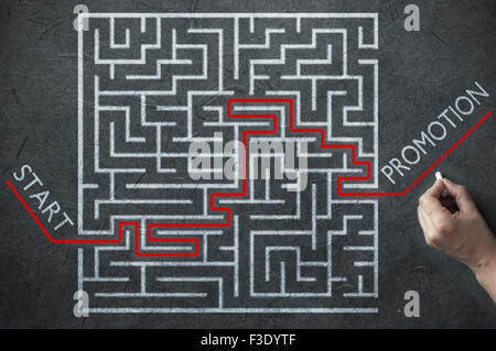 Maze path solution leading from start point to job promotion Stock Photo