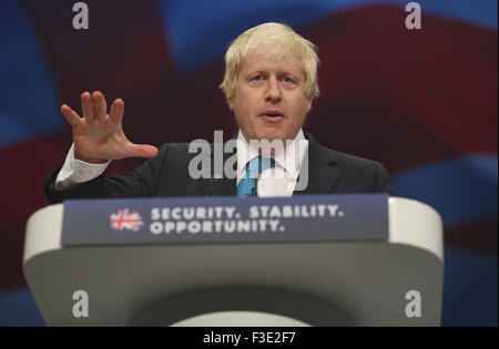 Manchester, UK. 6th October, 2015. Boris Johnson Mayor Of London Conservative Party Conference 2015 Manchester Central, Manchester, England 06 October 2015 Addresses The Conservative Party Conference 2015 At Manchester Central, Manchester Credit:  Allstar Picture Library/Alamy Live News Stock Photo