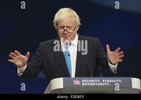 Manchester, UK. 6th October, 2015. Boris Johnson Mayor Of London Conservative Party Conference 2015 Manchester Central, Manchester, England 06 October 2015 Addresses The Conservative Party Conference 2015 At Manchester Central, Manchester Credit:  Allstar Picture Library/Alamy Live News Stock Photo