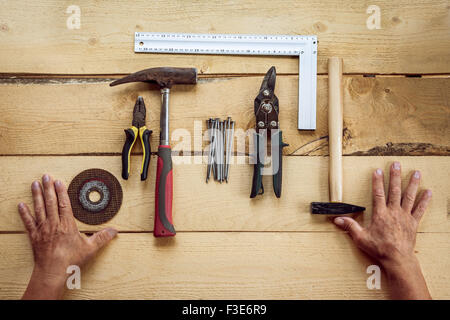 Workshop  tools on wooden background Stock Photo