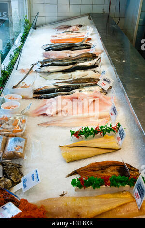 Typical English wet fish, fish monger shop. Window display of various fish with price tags, on crushed ice, features complete fish as well as fillets. Stock Photo