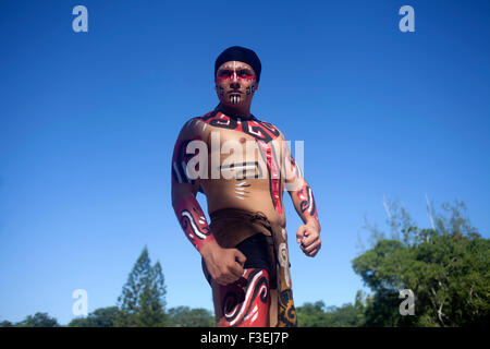 A Mayan Ball Player from Chapab team poses at the first ¨Pok Ta Pok¨ ritual Mayan ball game World Cup in Piste, Tinum, Yucatan Stock Photo