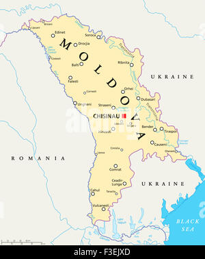 Moldova political map with capital Chisinau, national borders, important cities, rivers and lakes. English labeling and scaling. Stock Photo