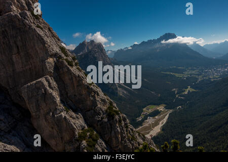 Looking towards Cortina in the valley from the Ettore Bovero via ferrata on Col Rosa,  (Dolomites, Italy) Stock Photo