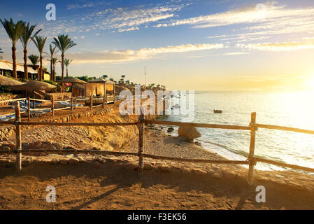 Sandy beach in egyptian hotel at sunset Stock Photo