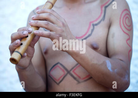 A Mayan Ball Player poses at the first ¨Pok Ta Pok¨ ritual Mayan ball game World Cup in Piste, Tinum, Yucatan, Mexico Stock Photo