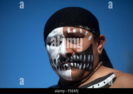 A Mayan Ball Player from Chapab team poses at the first ¨Pok Ta Pok¨ ritual Mayan ball game World Cup in Piste, Tinum, Yucatan Stock Photo