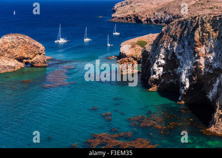 Sailboats at Scorpion Cove, Santa Cruz Island, Channel Islands National Park, California Stock Photo