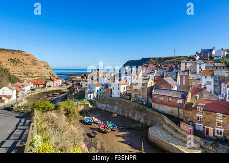 View over the traditional fishing village of Staithes, North York Moors National Park, North Yorkshire, England, UK