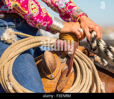 Rodeo's, Bruneau Round-Up, Cowgirl holding on to saddle horn. Bruneau, Idaho, USA Stock Photo