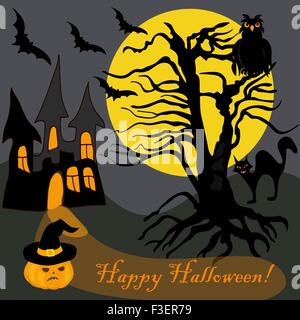 House Halloween Haunted Tree Owl Bat Pumpking Card Banner Stock Vector