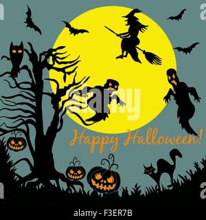 Halloween Tree Flying Witch Ghost over Moon Night Party Card Banner Stock Vector