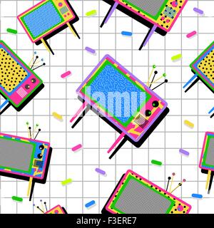 Retro vintage 80s memphis neon color tv elements seamless pattern background. Ideal for fabric design, paper print and web Stock Vector