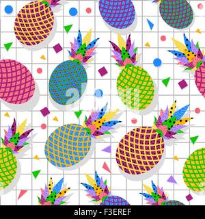 Retro vintage 80s memphis pineapple fruit seamless pattern background. Ideal for fabric design, paper print and web backdrop. Stock Vector