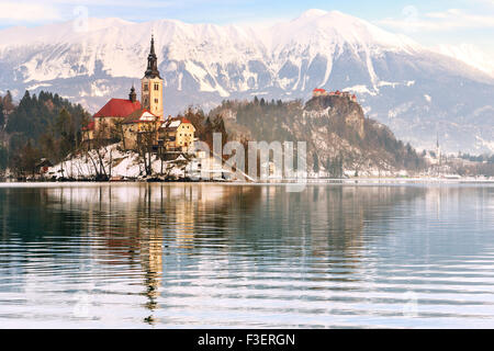 Church of the Assumption on the island in lake Bled-Slovenia Stock Photo