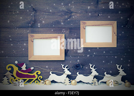 Vintage Santa Claus Sled, Snowflake, Copy Space, Two Frame Stock Photo