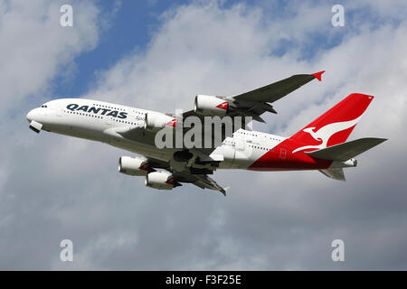 London Heathrow, United Kingdom - August 28, 2015: A Qantas Airways Airbus A380 with the registration VH-OQB taking off from Lon Stock Photo