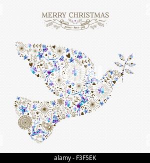 Merry christmas peace dove shape composition with reindeer and vintage holiday elements. Ideal for xmas greeting card or invite Stock Vector