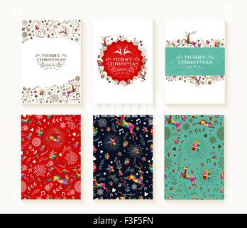 Merry christmas set of seamless xmas reindeer patterns in colorful low poly style and text templates. Ideal for holiday card Stock Vector