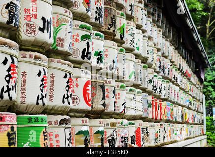 Decorated sake barrels at the entrance to the Meiji Shrine in Tokyo.