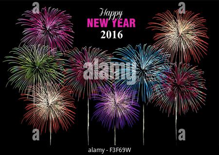 Happy new year celebration 2016 fireworks explosion in the night sky. Ideal for holiday greeting card, poster or web. Stock Vector