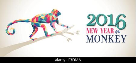2016 Happy Chinese New Year of the Monkey banner with colorful hipster low poly triangle ape on tree branch and text. Stock Vector