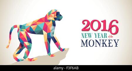 2016 Happy Chinese New Year of the Monkey banner with colorful hipster low poly triangle ape and text. EPS10 vector. Stock Vector