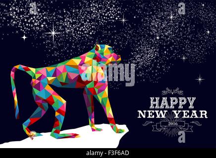 2016 Happy Chinese New Year of the Monkey with colorful hipster low poly triangle ape and label illustration. EPS10 vector. Stock Vector
