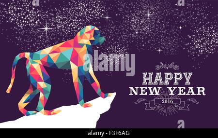 2016 Happy Chinese New Year of the Monkey with colorful hipster low poly triangle ape and label illustration. EPS10 vector. Stock Vector