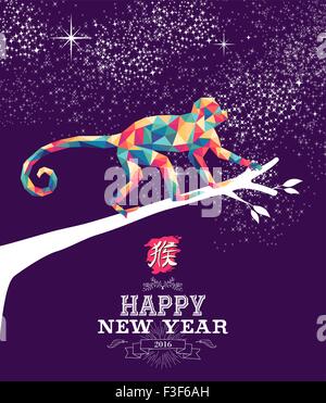 2016 Happy Chinese New Year of the Monkey with colorful hipster low poly triangle ape on tree branch and traditional calligraphy Stock Vector