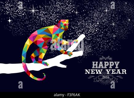 2016 Happy Chinese New Year of the Monkey with colorful hipster low poly triangle ape on tree branch. EPS10 vector. Stock Vector