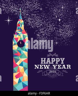 Happy new year 2016 greeting card or poster design with colorful triangle England monument and vintage label illustration. EPS10 Stock Vector