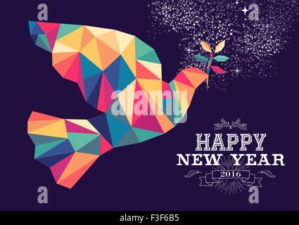 Happy new year 2016 greeting card or poster design with colorful triangle peace dove and vintage label illustration. Stock Vector