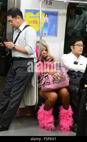 Miss Pink- A colorful Yamanba girl on the Yamanote train in Tokyo. Stock Photo