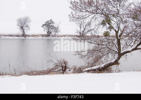 A snowy winter weather scene showing tree, a canal and a snow covered frozen lake in the background. Oklahoma, USA Stock Photo