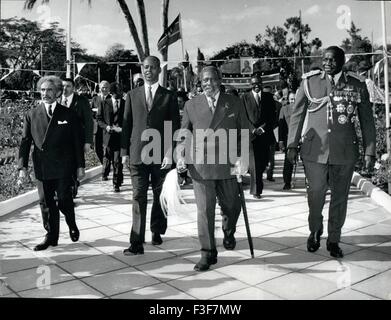 1965 - During the celebrations, President Kenyatta is pictured strolling through the famous Rose Garden at State House with (l to r) Emperor Haile Selassie of Ethiopia, Vice President Hussein Kulmie Afrah of Somalia and a bemedalled General Idi Amin Dada of Uganda. They are followed by other heads of delegations to the Anniversary celebrations. Credits: Camerapix © Keystone Pictures USA/ZUMAPRESS.com/Alamy Live News Stock Photo