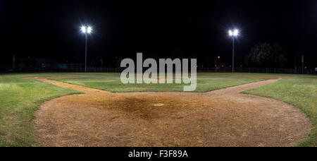 Panorama night photo of an empty baseball field at night looking out from behind home plate toward the bases and outfield. Stock Photo