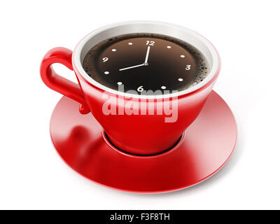 Clock pointing 8 o'clock on red coffe cup. Stock Photo
