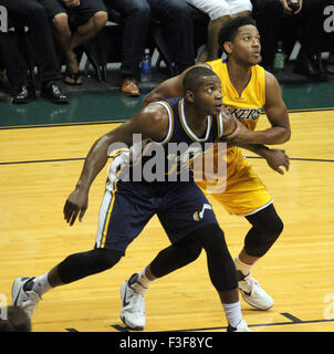 October 6, 2015 - Los Angeles Lakers forward Anthony Brown #3 and Utah Jazz guard Elijah Millsap #13 jockey for position during preseason action between the Los Angeles Lakers and the Utah Jazz at the Stan Sheriff Center on the campus of the University of Hawaii at Manoa in Honolulu, HI. - Michael Sullivan/CSM Stock Photo